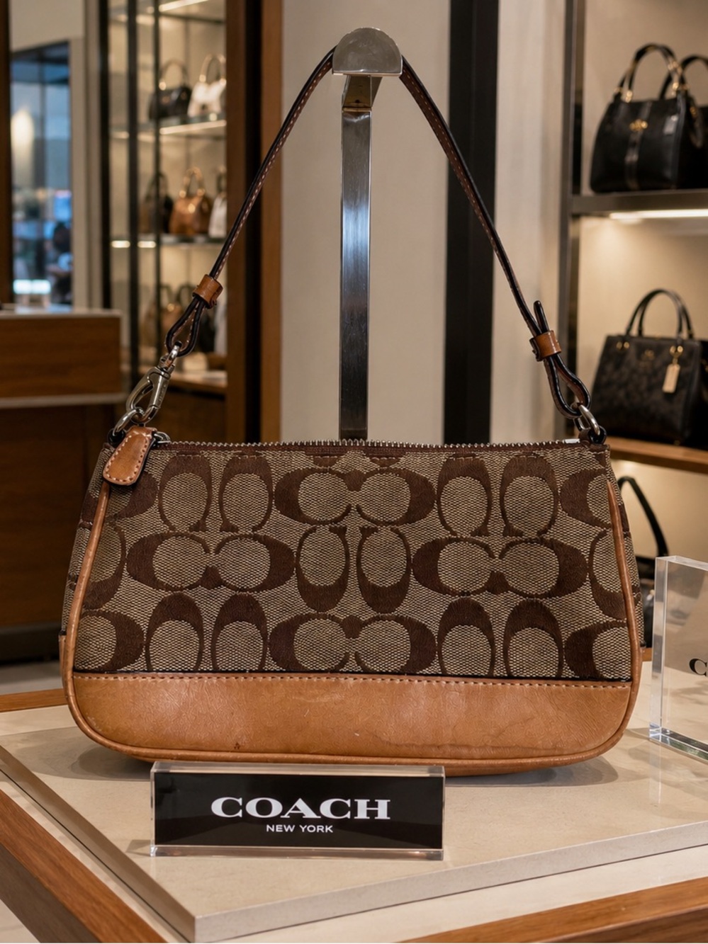 Coach Signature Demi Baguette Bag Shoulder Bag with Tan Leather Trim Y2K”